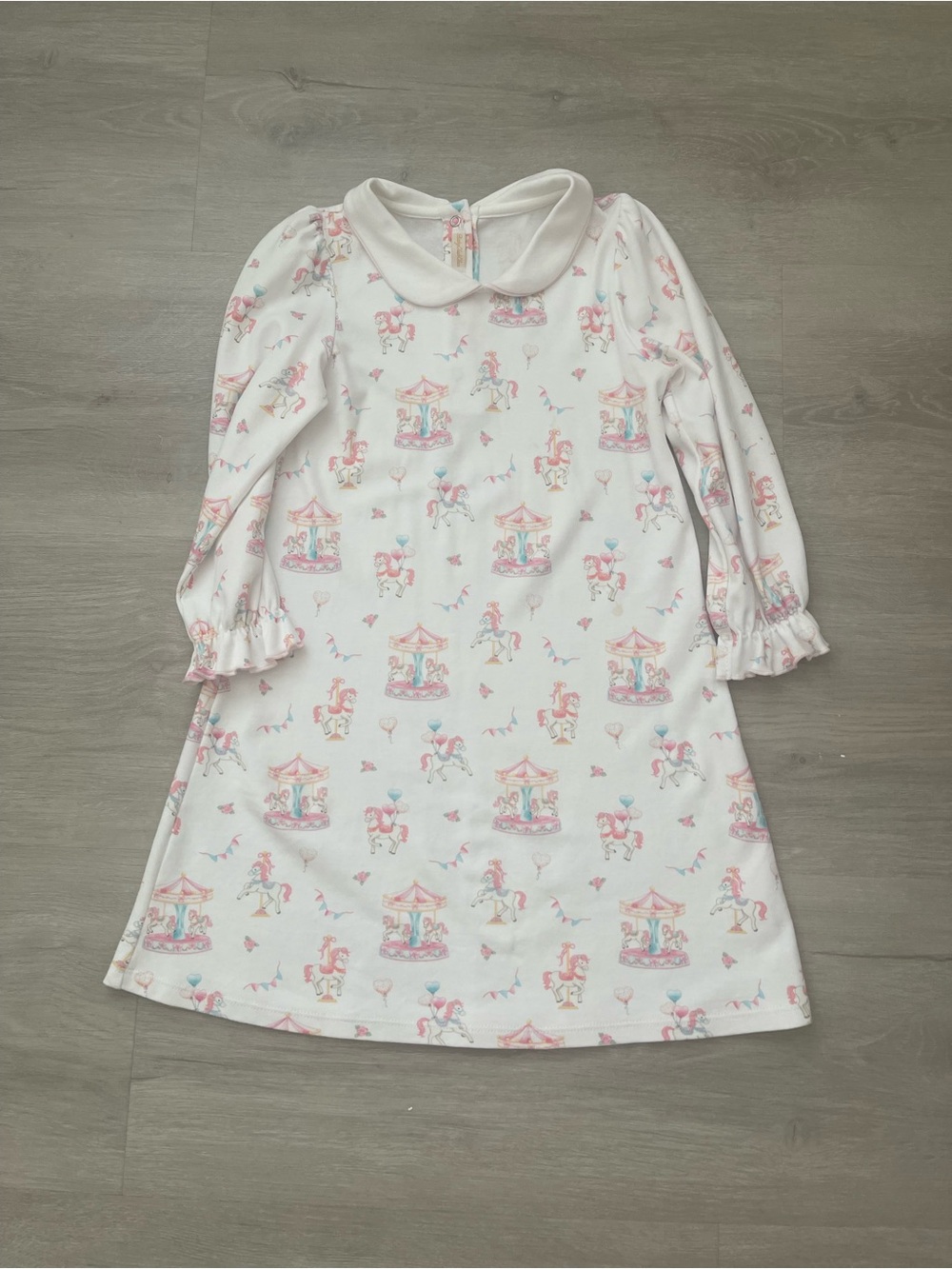 Girls White Carousel Print Long-Sleeve Dress with Peter Pan Collar